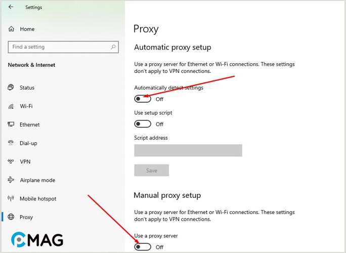 Tắt VPN hoặc Proxy Server