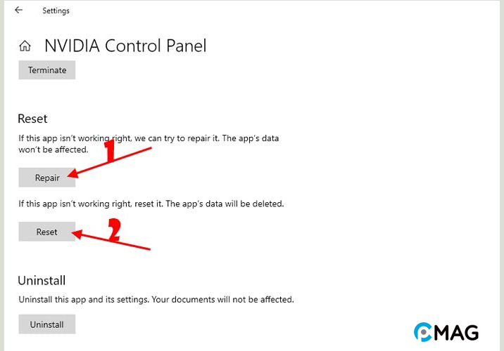 Repair và Reset NVIDIA Control Panel