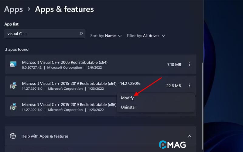 Repair hoặc Update Visual C++ Redistributables