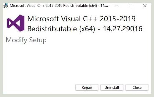 Repair hoặc Update Visual C++ Redistributables