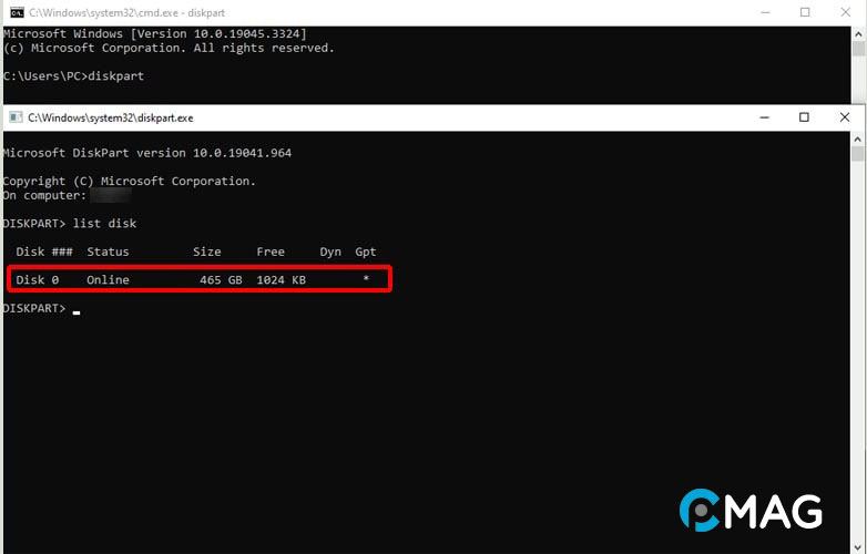 Thông qua diskpart