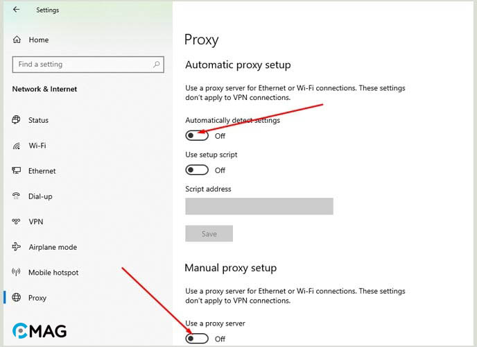 Tắt VPN hoặc Proxy Server
