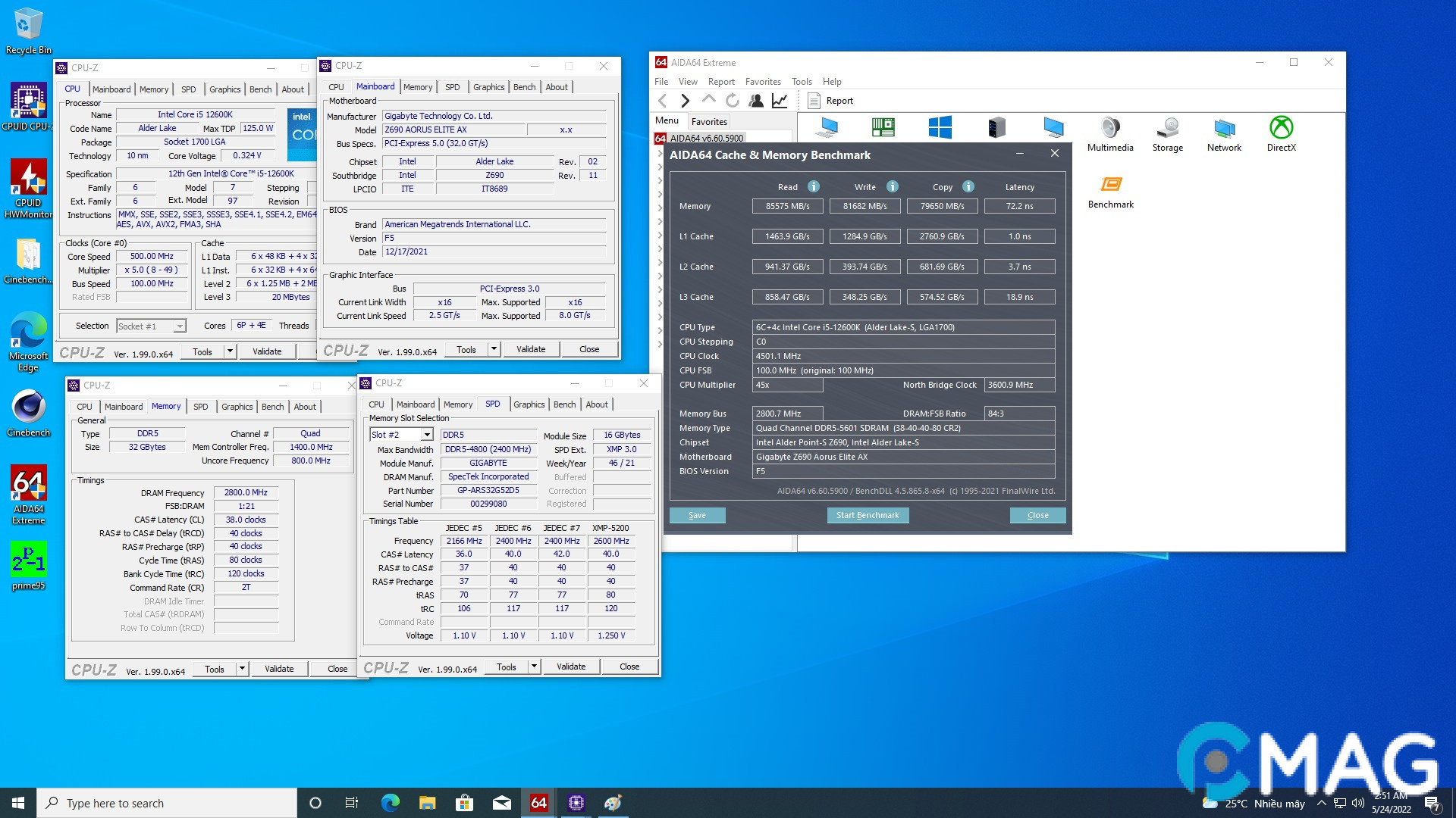 GIGABYTE DDR5 AORUS 5200MHz được ép xung lên 5600Mhz